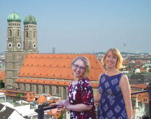 The Frauenkirche viewed from St. Peterskirche, with travel buddy Gloria Moseley (Photo courtesy of Stephen Sundin, July 2007)