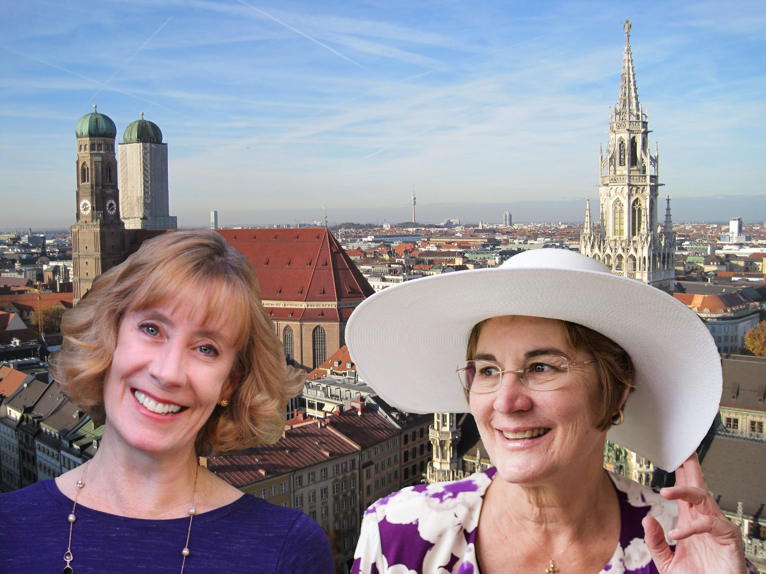 Marienplatz and the Neues Rathaus, viewed from the tower of St. Peterskirche, with travel buddy Michelle Ule (Photo courtesy of Morgan Tarpley Smith)