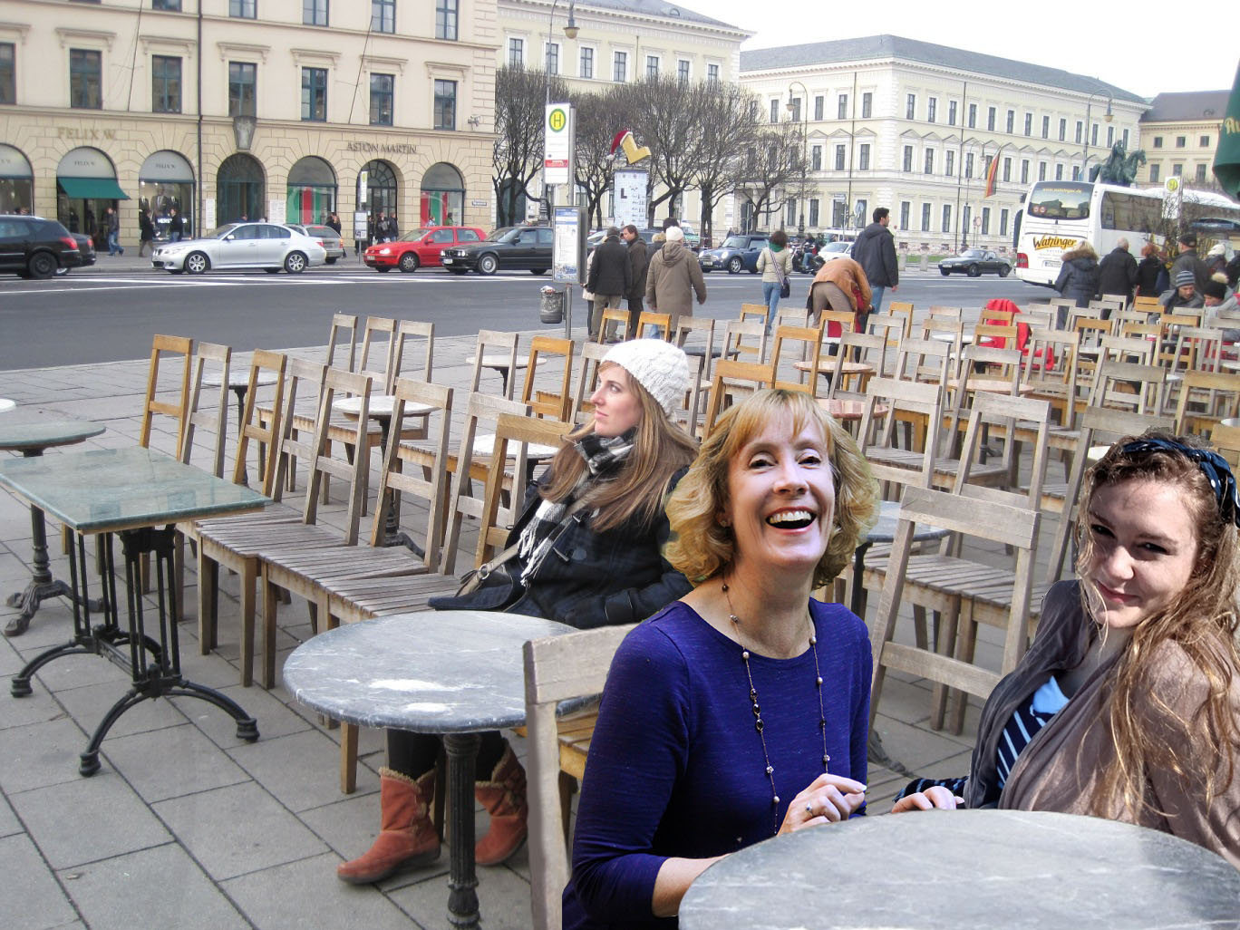 Morgan Tarpley Smith at the Odeonsplatz in Munich (left)—with travel buddy Molly Elizabeth (right) and Sarah Sundin added virtually (Photo courtesy of Morgan Tarpley Smith)