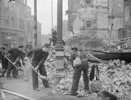 Norwegian sailors help clean up after Plymouth Blitz, 21 March 1941 (Imperial War Museum: A 3546)