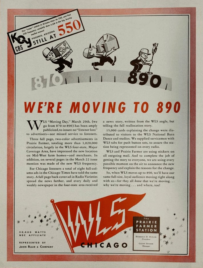 Advertisement for WLS radio in Chicago, announcing its 29 March 1941 move from 870 to 890 kHz, from 24 March 1941 issue of Broadcasting (public domain via Wikipedia)