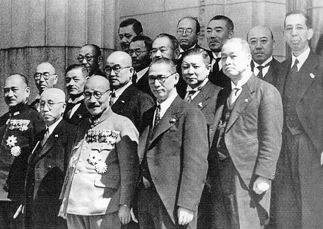 Japanese Prime Minister Tojo and his cabinet ministers, Tokyo, Japan, 18 Oct 1941 (public domain via Wikipedia)
