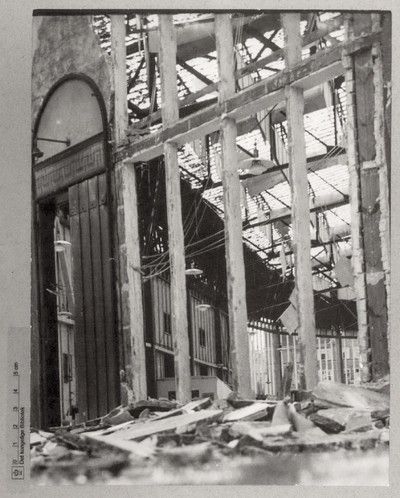 Damage from sabotage at the Forum in Copenhagen, Denmark, 24 August 1943 (The Royal Library: The National Library of Denmark and Copenhagen University Library neg. 172239)