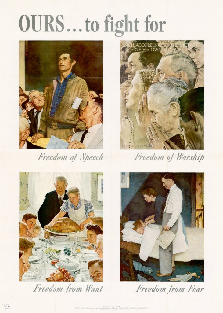Poster from US Second War Loan Drive featuring Norman Rockwell's "Four Freedoms" paintings, 1943 (US Office of War Information Poster No.47)
