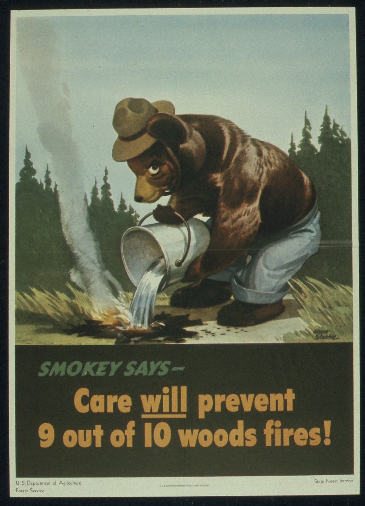 Smokey Bear’s first appearance on a Forest Fire Prevention campaign poster, released on August 9, 1944 (US Department of Agriculture Forest Service)