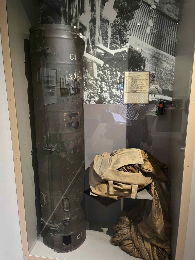 British CLE canister used to drop supplies to resistance fighters during WWII (Photo: Centre d’Histoire de la Résistance et de la Déportation, Lyon, France, April 26, 2026, Sarah Sundin)